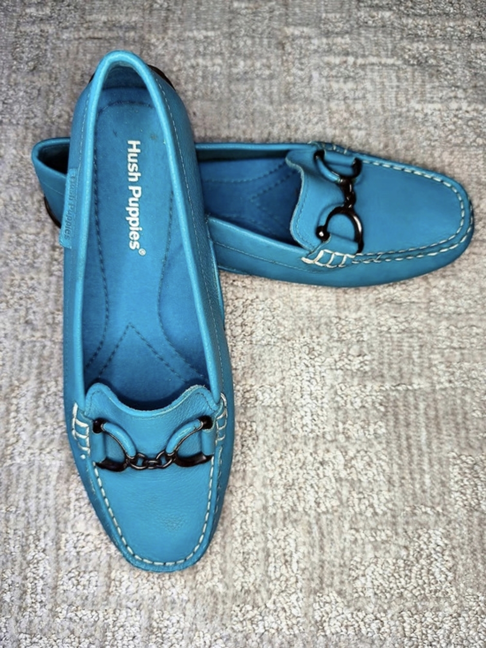 Hush Puppies Cora Leather Loafers Womens Turquoise Teal Slip On Flats Size 9 EUC